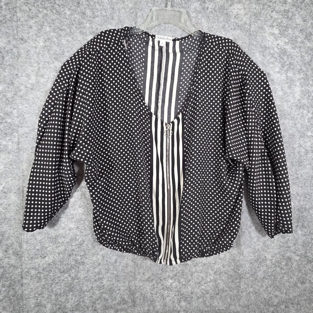 Ophelia Roe Women's Blouse Zip Front Long Sleeve Pullover  Mix Print Black Sz XL